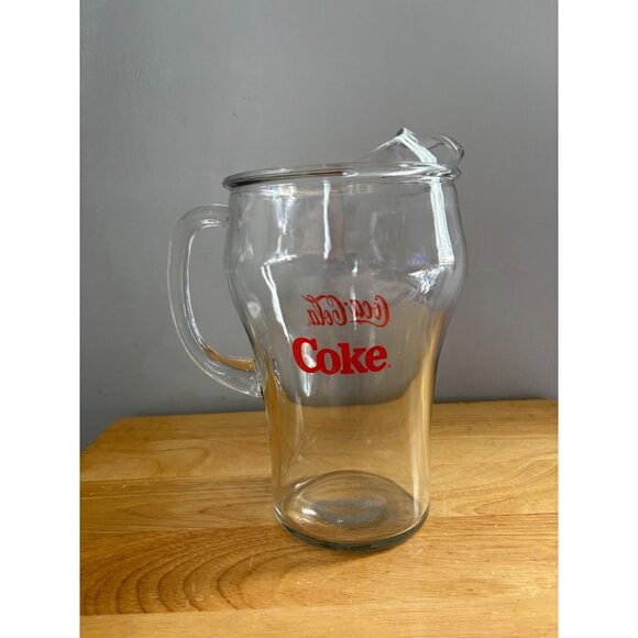 Vintage Coca-Cola Glass Pitcher With Handle & Pour Spout 64 Oz Clear & Red Logo - Picture 3 of 7